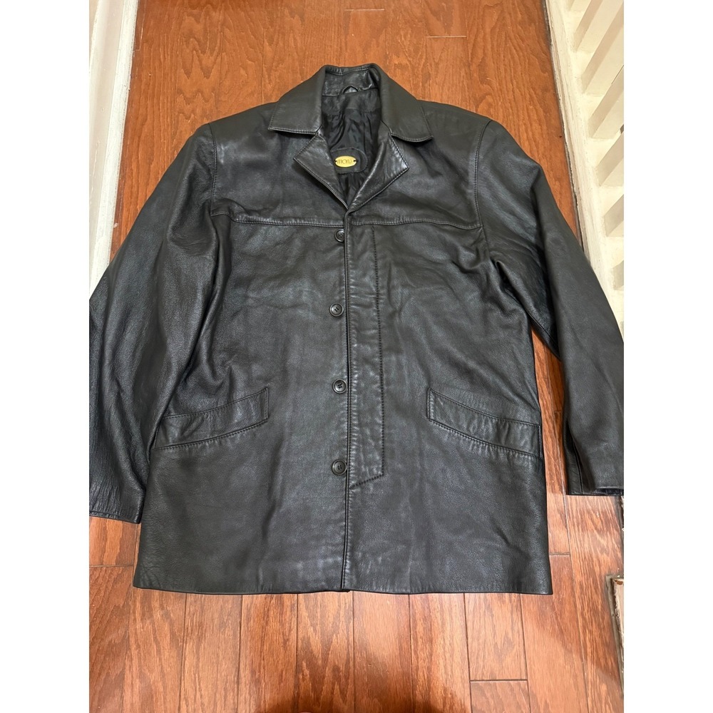Mona Beograd Womens Black Leather Car Coat Mid Length Button Front Jacket Sz 13